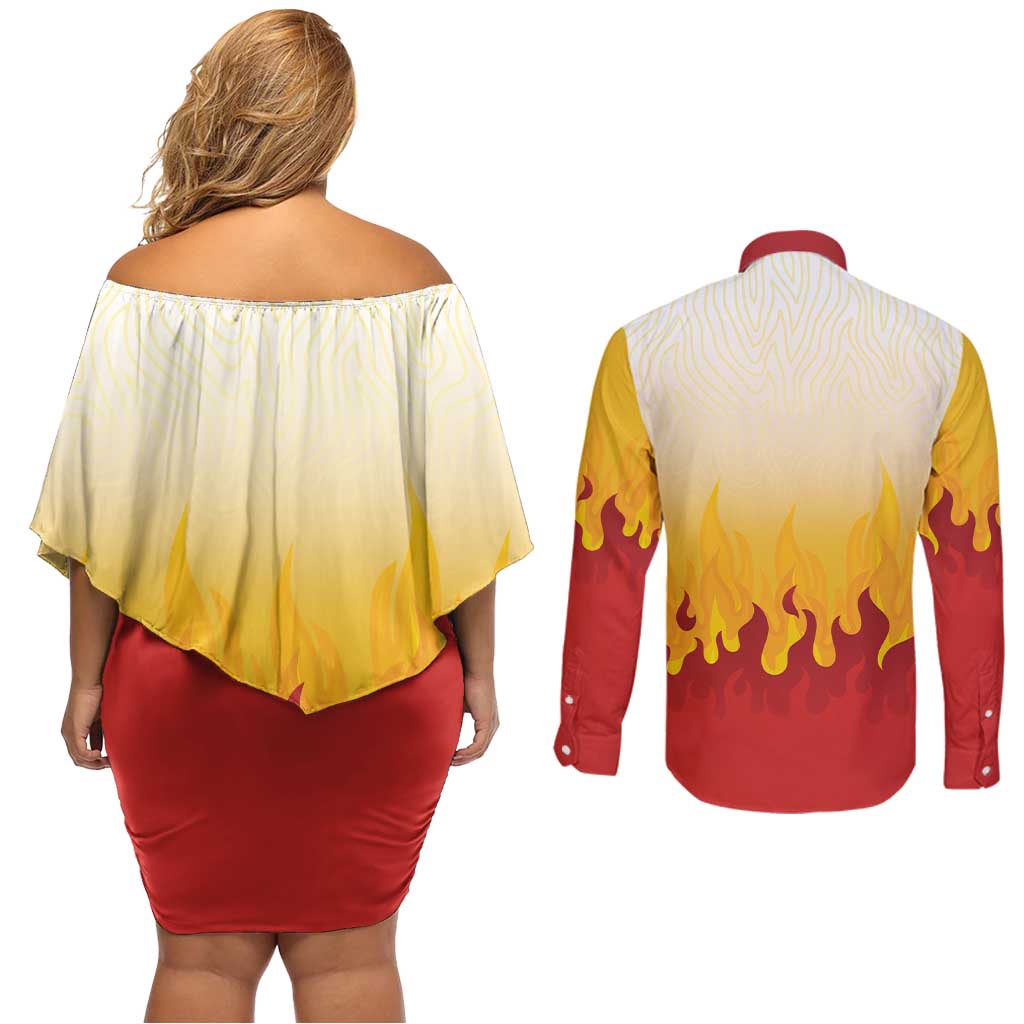Japanese Kaen Pattern Couples Matching Off Shoulder Short Dress and Long Sleeve Button Shirt Flame Pillar Blazing Lion Heart - Polynesian Pride