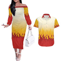 Japanese Kaen Pattern Couples Matching Off The Shoulder Long Sleeve Dress and Hawaiian Shirt Flame Pillar Blazing Lion Heart LT9 Red - Polynesian Pride