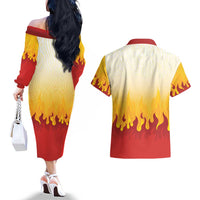 Japanese Kaen Pattern Couples Matching Off The Shoulder Long Sleeve Dress and Hawaiian Shirt Flame Pillar Blazing Lion Heart LT9 - Polynesian Pride