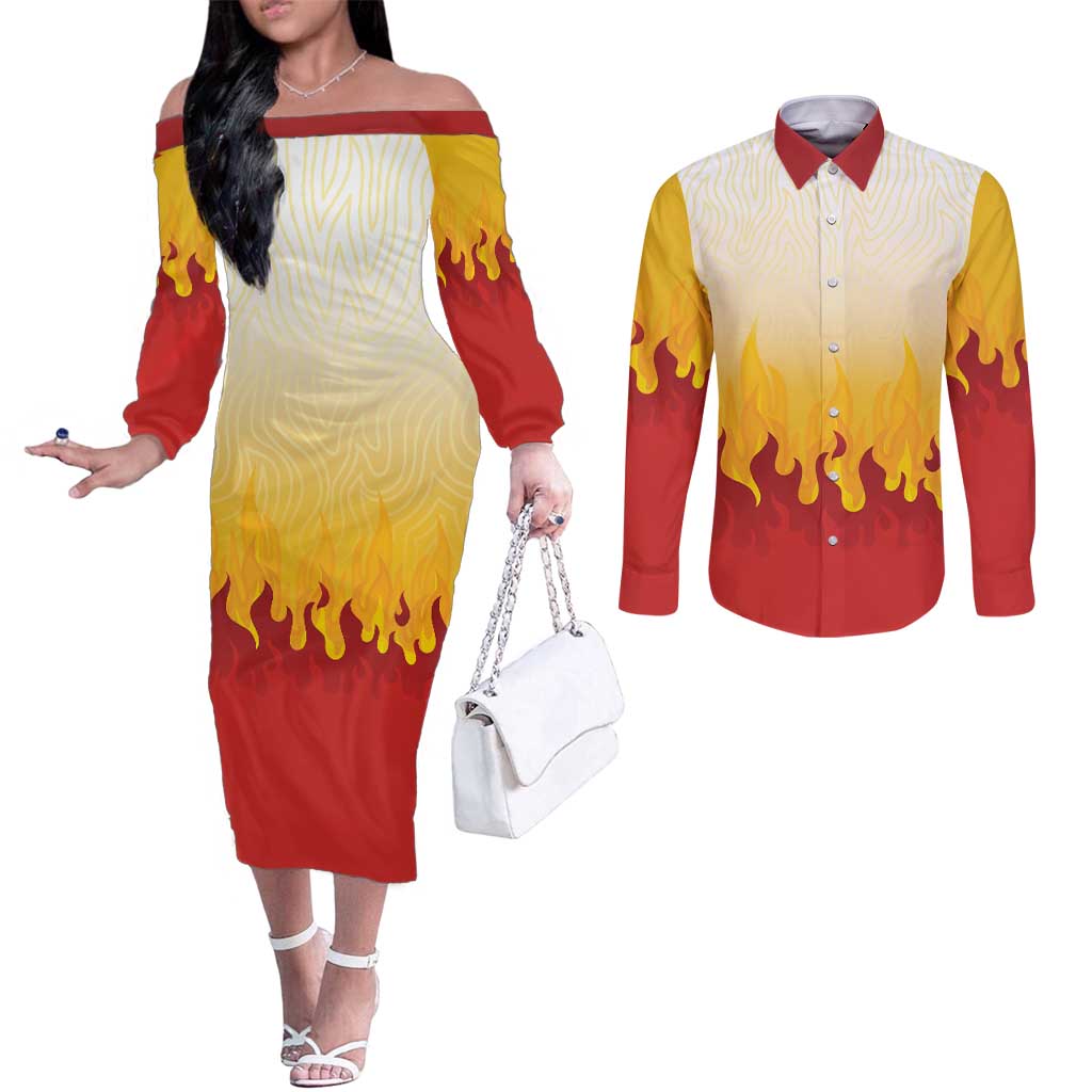 Japanese Kaen Pattern Couples Matching Off The Shoulder Long Sleeve Dress and Long Sleeve Button Shirt Flame Pillar Blazing Lion Heart LT9 Red - Polynesian Pride