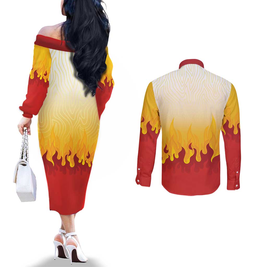 Japanese Kaen Pattern Couples Matching Off The Shoulder Long Sleeve Dress and Long Sleeve Button Shirt Flame Pillar Blazing Lion Heart LT9 - Polynesian Pride