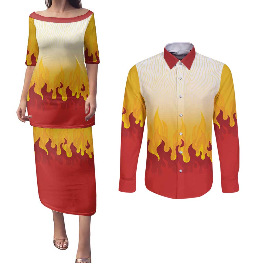 Japanese Kaen Pattern Couples Matching Puletasi and Long Sleeve Button Shirt Flame Pillar Blazing Lion Heart LT9 Red - Polynesian Pride