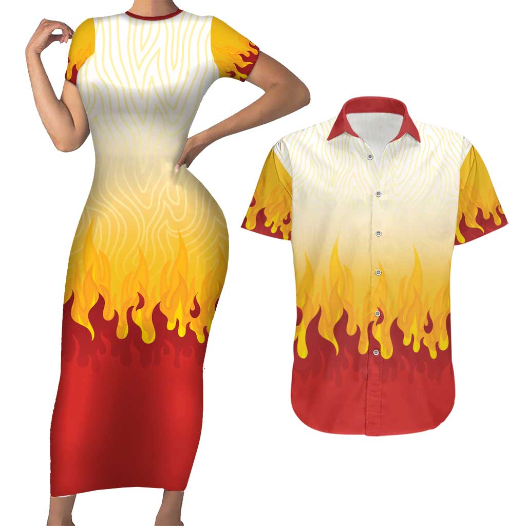 Japanese Kaen Pattern Couples Matching Short Sleeve Bodycon Dress and Hawaiian Shirt Flame Pillar Blazing Lion Heart LT9 Red - Polynesian Pride
