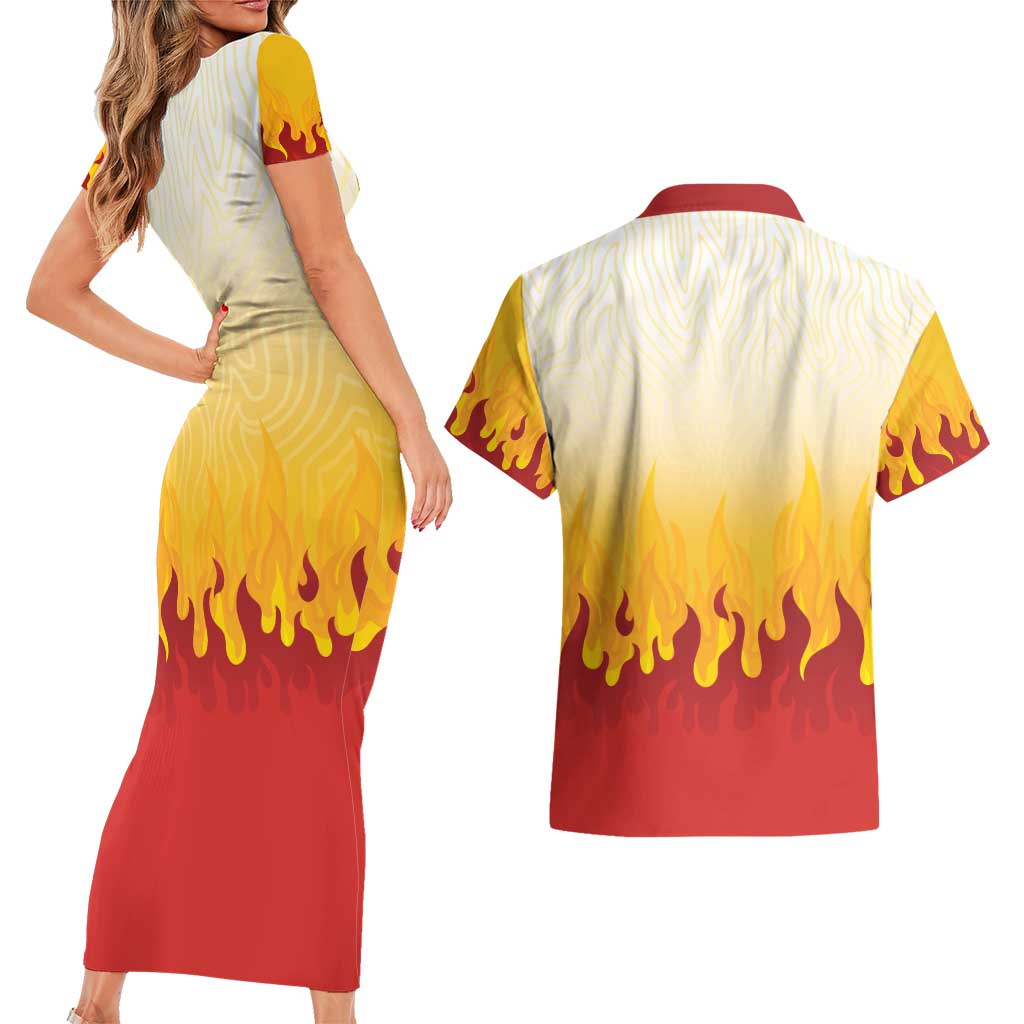 Japanese Kaen Pattern Couples Matching Short Sleeve Bodycon Dress and Hawaiian Shirt Flame Pillar Blazing Lion Heart LT9 - Polynesian Pride