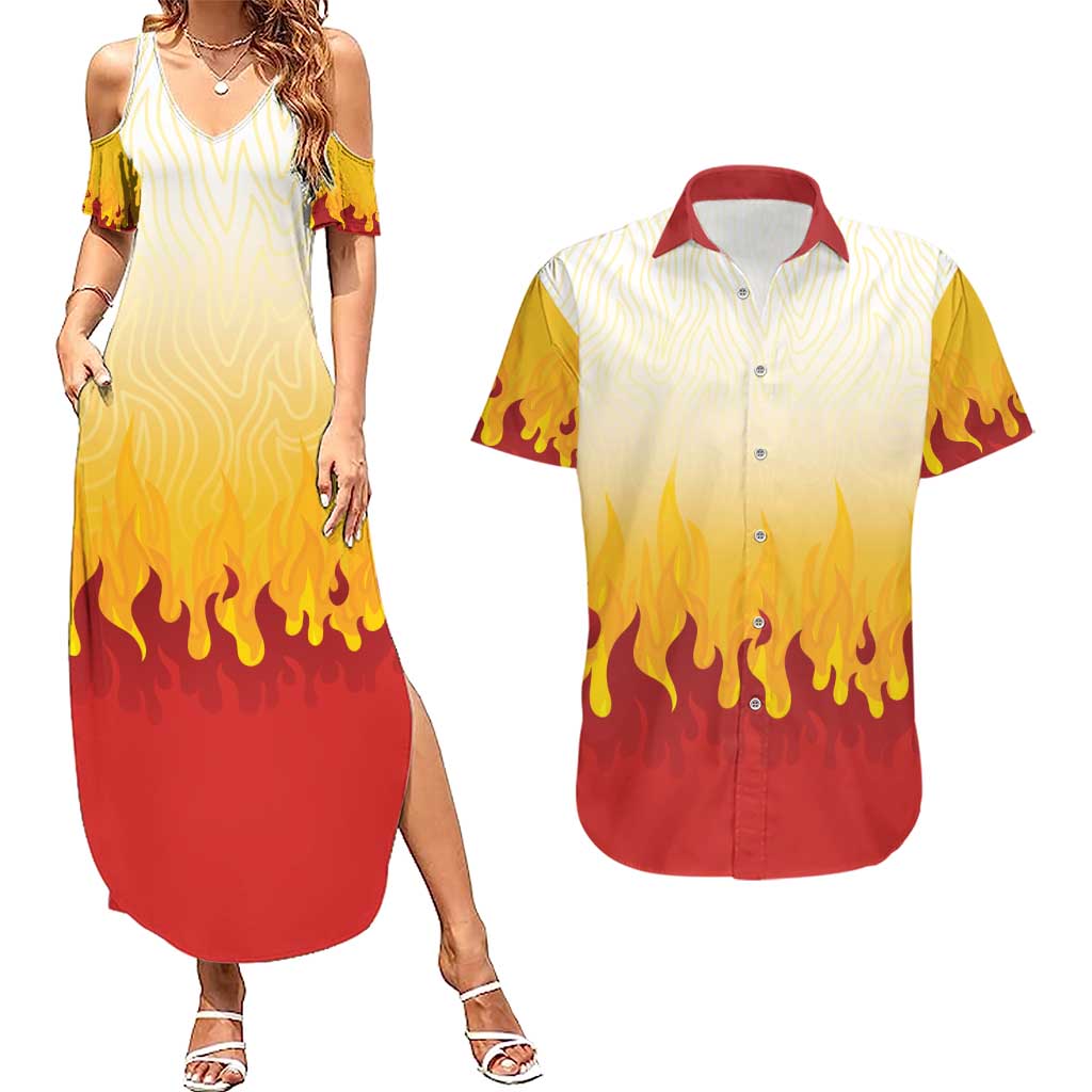 Japanese Kaen Pattern Couples Matching Summer Maxi Dress and Hawaiian Shirt Flame Pillar Blazing Lion Heart LT9 Red - Polynesian Pride