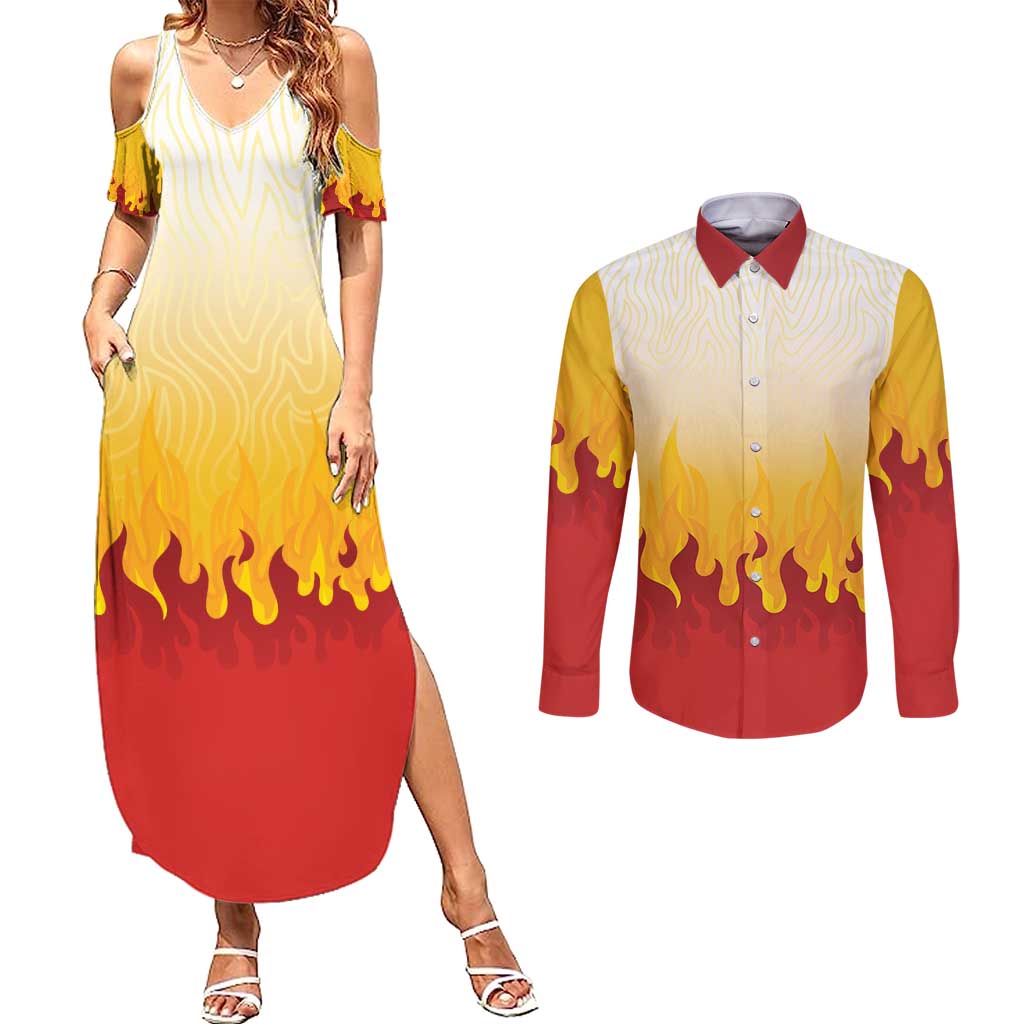 Japanese Kaen Pattern Couples Matching Summer Maxi Dress and Long Sleeve Button Shirt Flame Pillar Blazing Lion Heart LT9 Red - Polynesian Pride