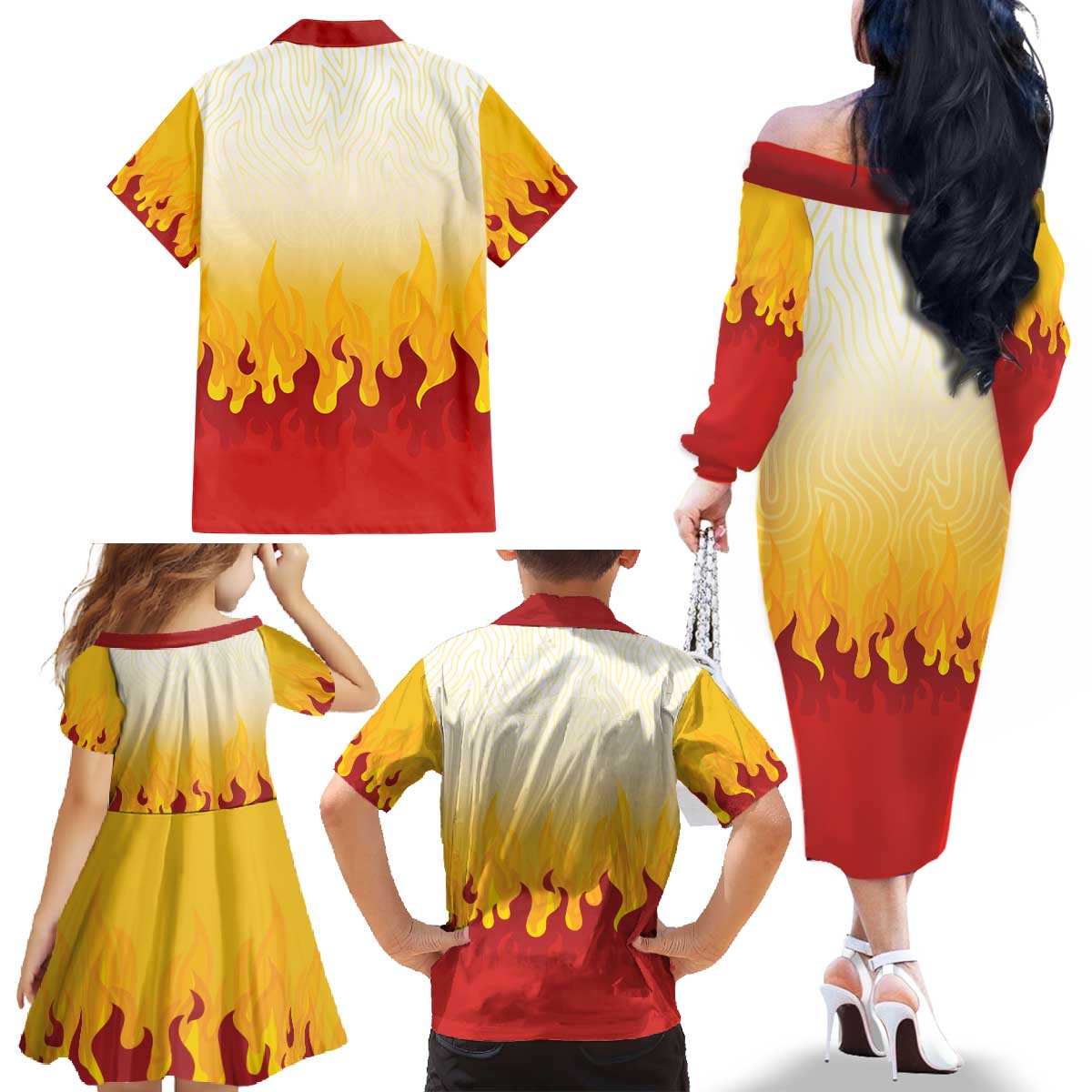 Japanese Kaen Pattern Family Matching Off The Shoulder Long Sleeve Dress and Hawaiian Shirt Flame Pillar Blazing Lion Heart LT9 - Polynesian Pride