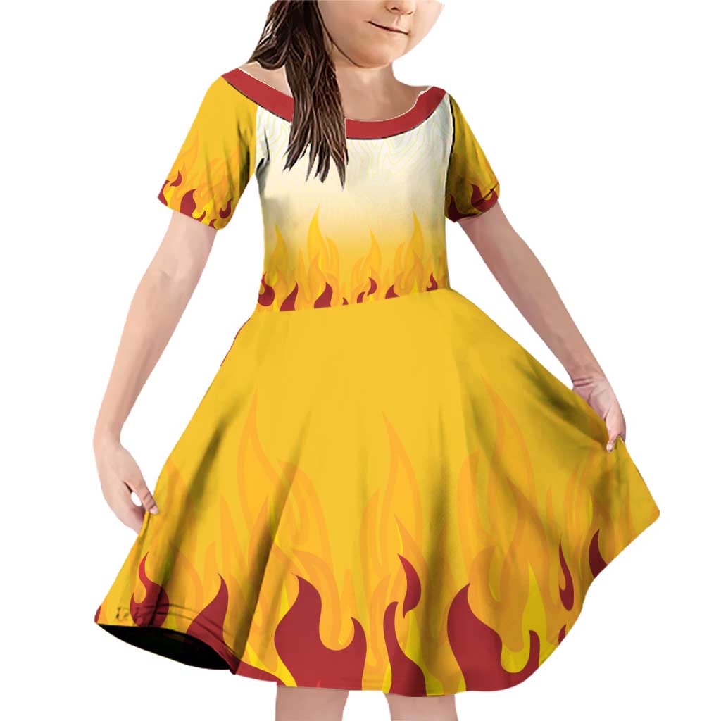 Japanese Kaen Pattern Family Matching Off Shoulder Short Dress and Hawaiian Shirt Flame Pillar Blazing Lion Heart LT9 Daughter's Dress Red - Polynesian Pride