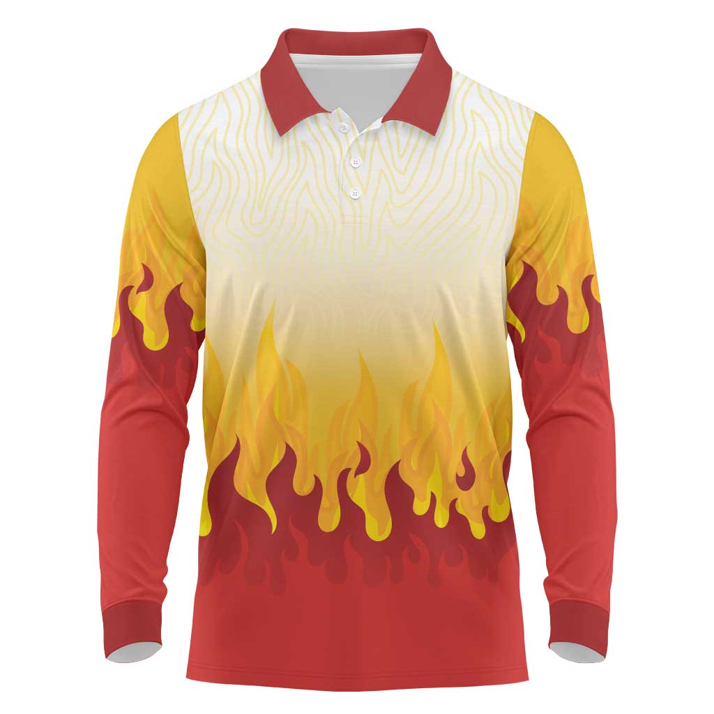 Japanese Kaen Pattern Long Sleeve Polo Shirt Flame Pillar Blazing Lion Heart LT9 Red - Polynesian Pride