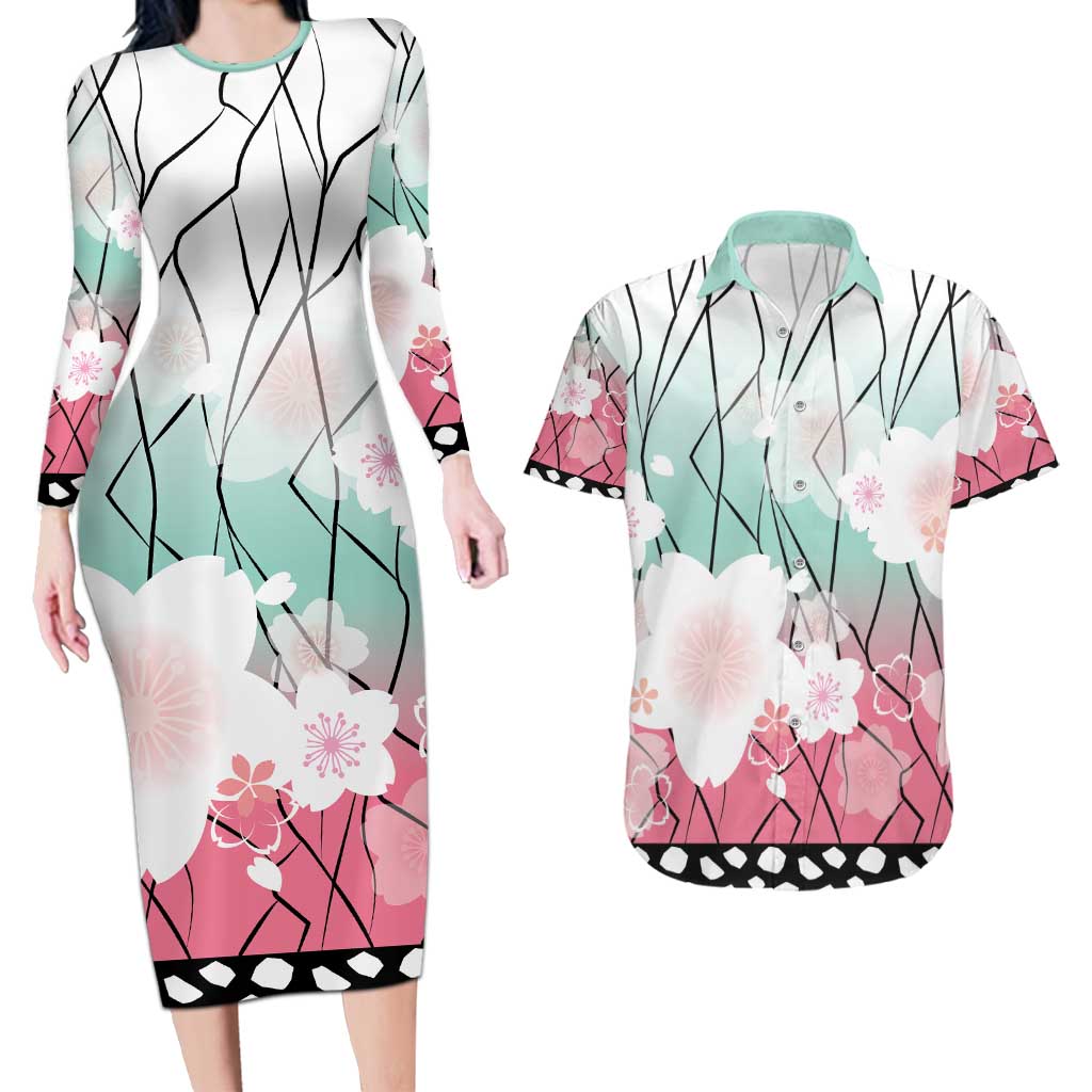 Japanese Kocho Pattern Couples Matching Long Sleeve Bodycon Dress and Hawaiian Shirt Insect Pillar Butterfly Flower Fairy LT9 Pink - Polynesian Pride