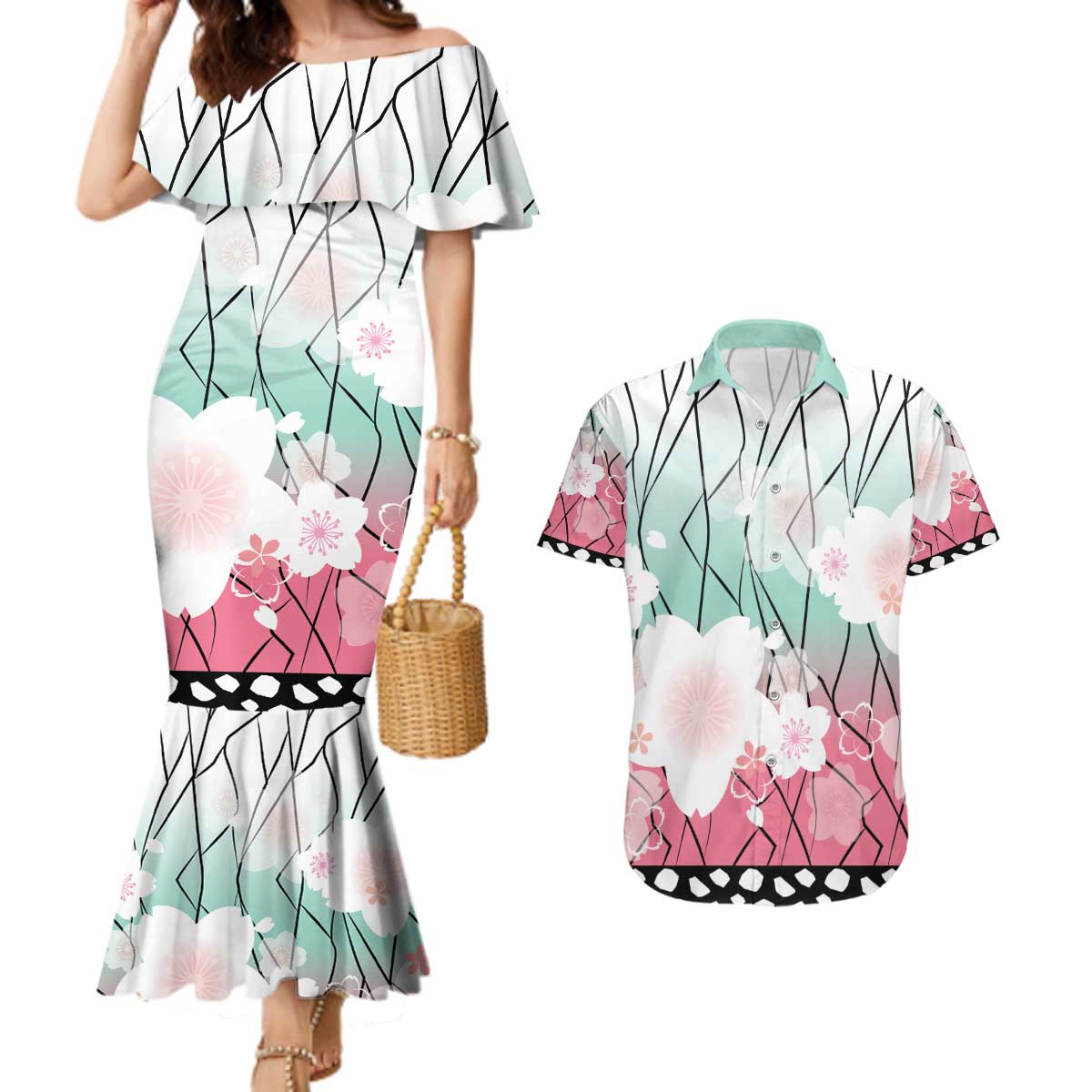 Japanese Kocho Pattern Couples Matching Mermaid Dress and Hawaiian Shirt Insect Pillar Butterfly Flower Fairy LT9 Pink - Polynesian Pride
