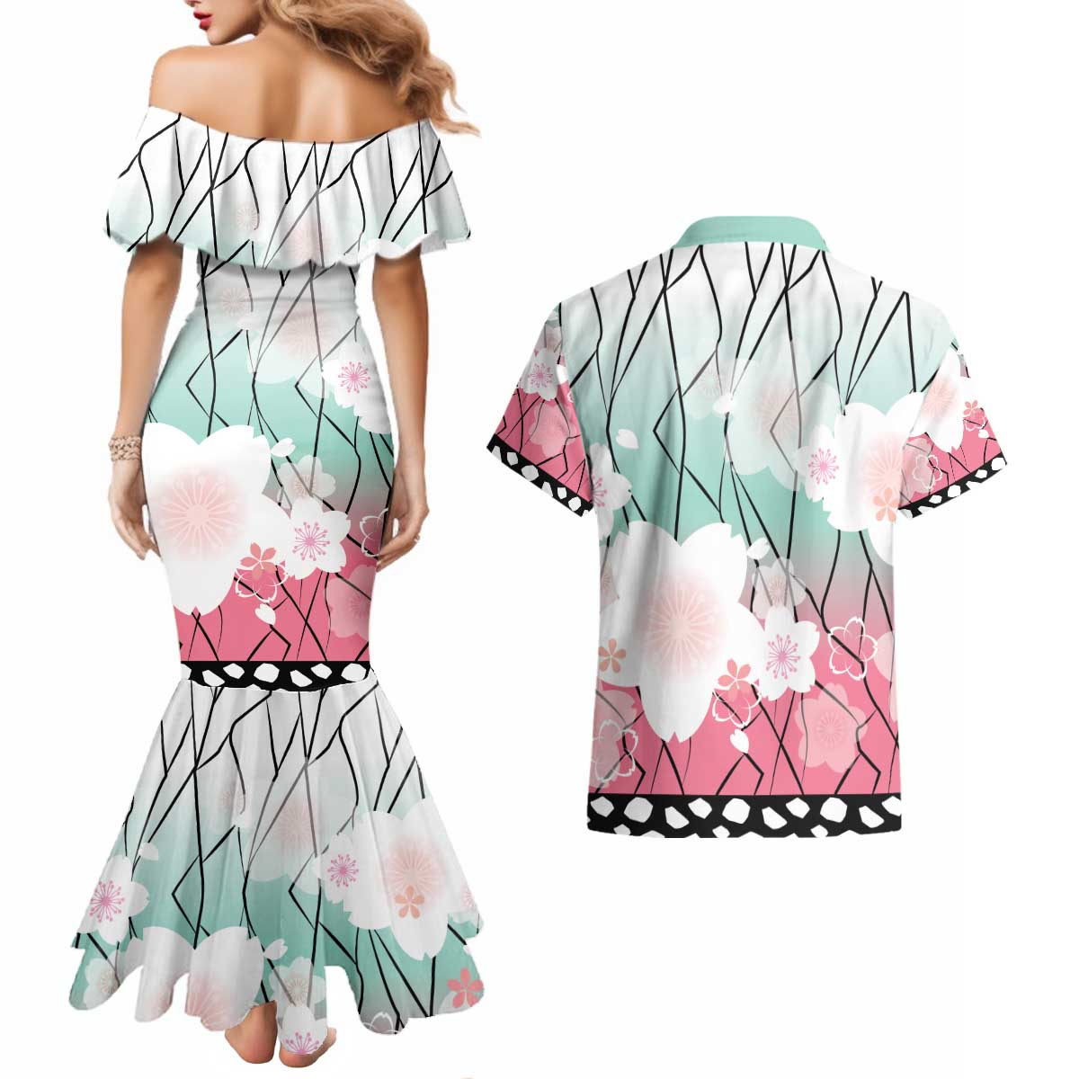 Japanese Kocho Pattern Couples Matching Mermaid Dress and Hawaiian Shirt Insect Pillar Butterfly Flower Fairy LT9 - Polynesian Pride