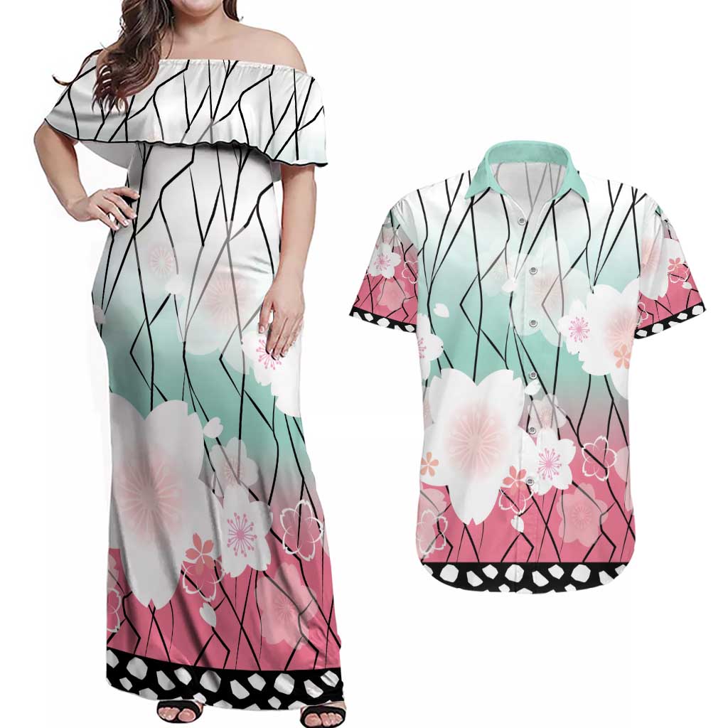 Japanese Kocho Pattern Couples Matching Off Shoulder Maxi Dress and Hawaiian Shirt Insect Pillar Butterfly Flower Fairy LT9 Pink - Polynesian Pride