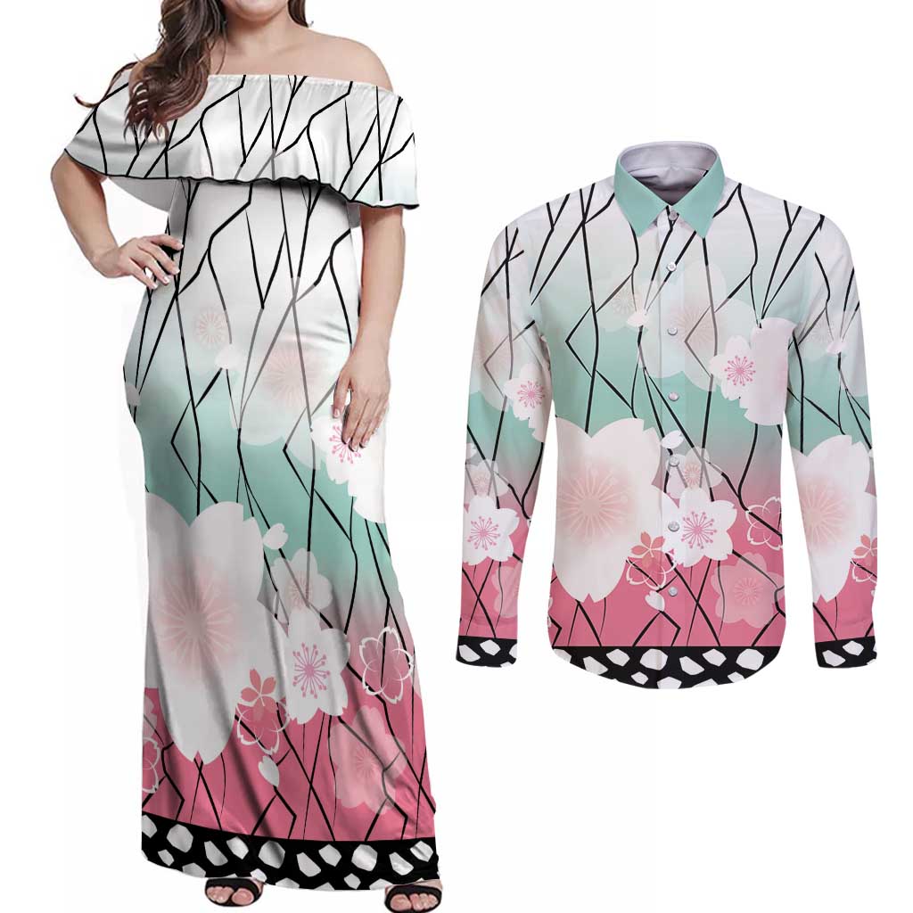 Japanese Kocho Pattern Couples Matching Off Shoulder Maxi Dress and Long Sleeve Button Shirt Insect Pillar Butterfly Flower Fairy LT9 Pink - Polynesian Pride