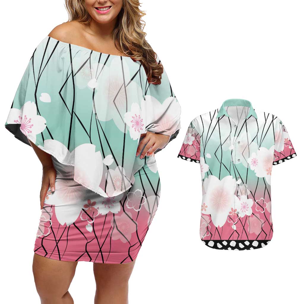 Japanese Kocho Pattern Couples Matching Off Shoulder Short Dress and Hawaiian Shirt Insect Pillar Butterfly Flower Fairy LT9 Pink - Polynesian Pride