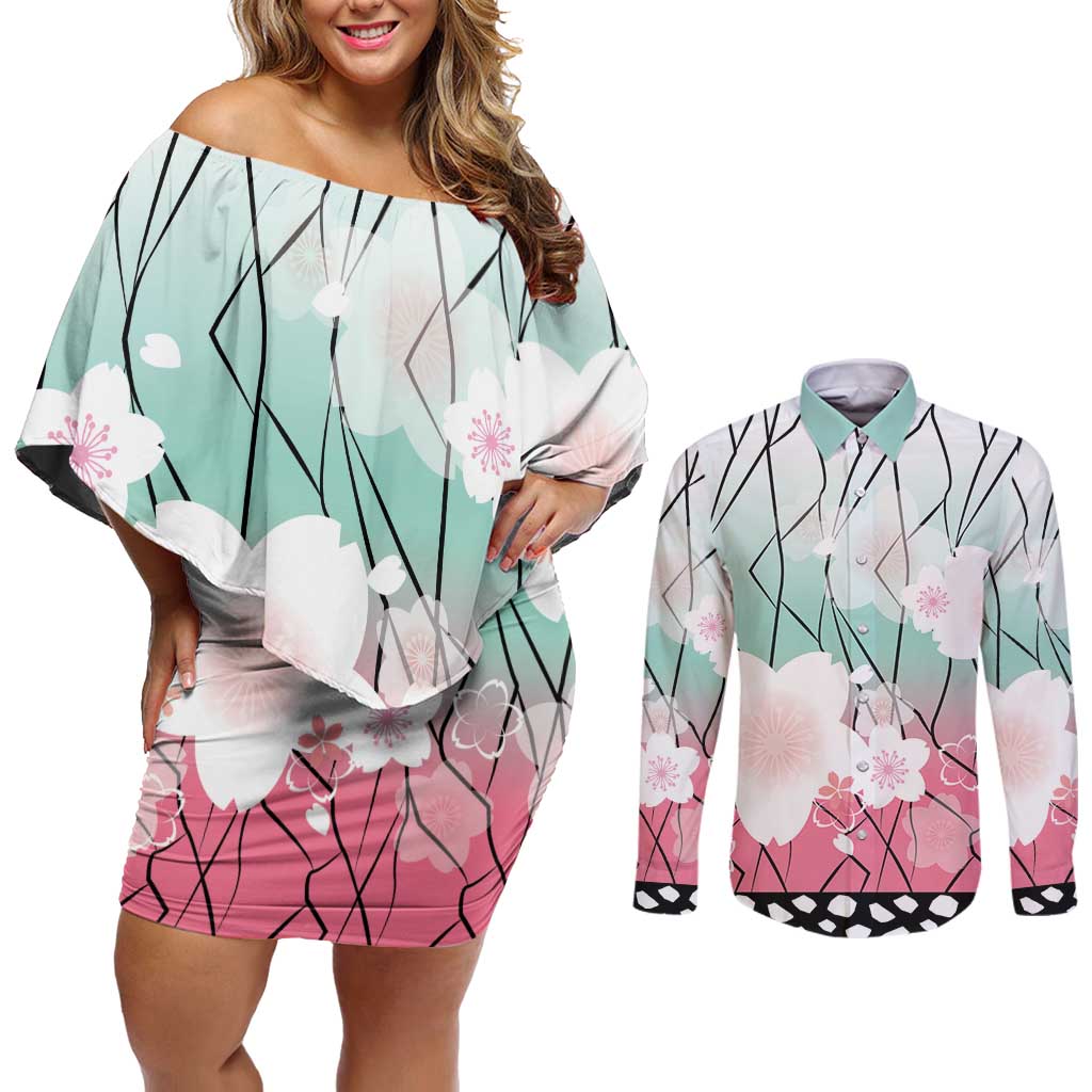 Japanese Kocho Pattern Couples Matching Off Shoulder Short Dress and Long Sleeve Button Shirt Insect Pillar Butterfly Flower Fairy LT9 Pink - Polynesian Pride
