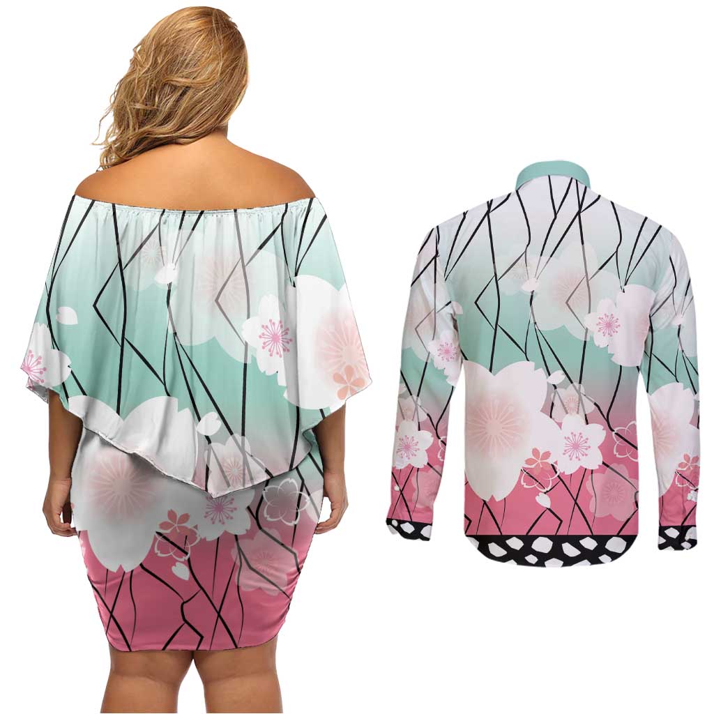 Japanese Kocho Pattern Couples Matching Off Shoulder Short Dress and Long Sleeve Button Shirt Insect Pillar Butterfly Flower Fairy LT9 - Polynesian Pride
