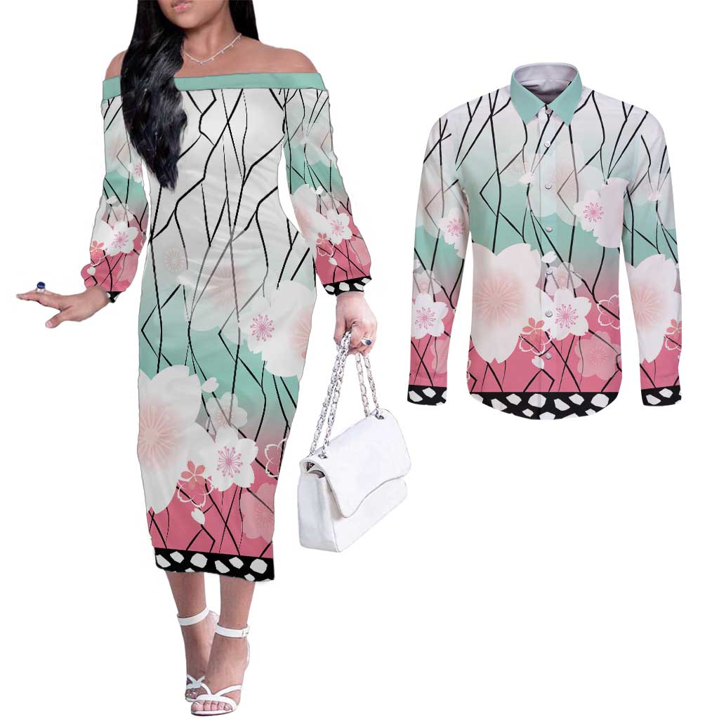 Japanese Kocho Pattern Couples Matching Off The Shoulder Long Sleeve Dress and Long Sleeve Button Shirt Insect Pillar Butterfly Flower Fairy LT9 Pink - Polynesian Pride