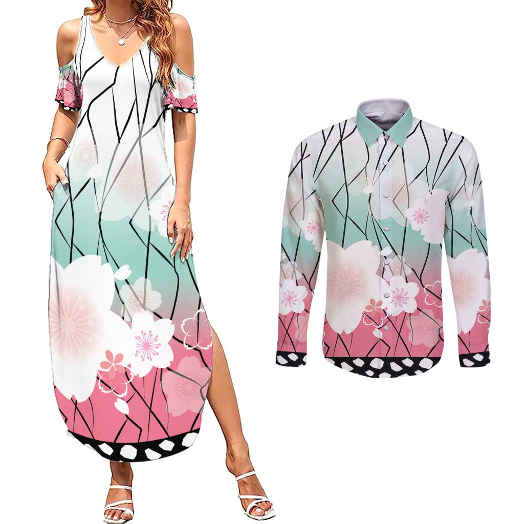 Japanese Kocho Pattern Couples Matching Summer Maxi Dress and Long Sleeve Button Shirt Insect Pillar Butterfly Flower Fairy LT9 Pink - Polynesian Pride