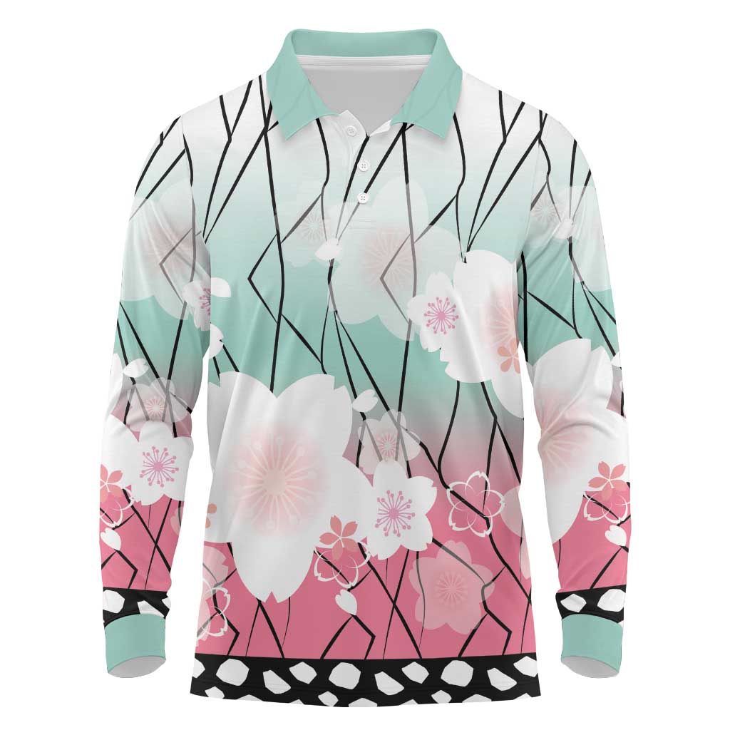 Japanese Kocho Pattern Long Sleeve Polo Shirt Insect Pillar Butterfly Flower Fairy LT9 Pink - Polynesian Pride