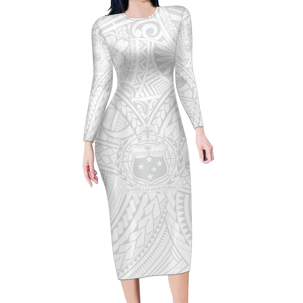 Samoa Lotu Tamaiti Family Matching Long Sleeve Bodycon Dress and Hawaiian Shirt Polynesian White Sunday Simple LT9 Mom's Dress White - Polynesian Pride