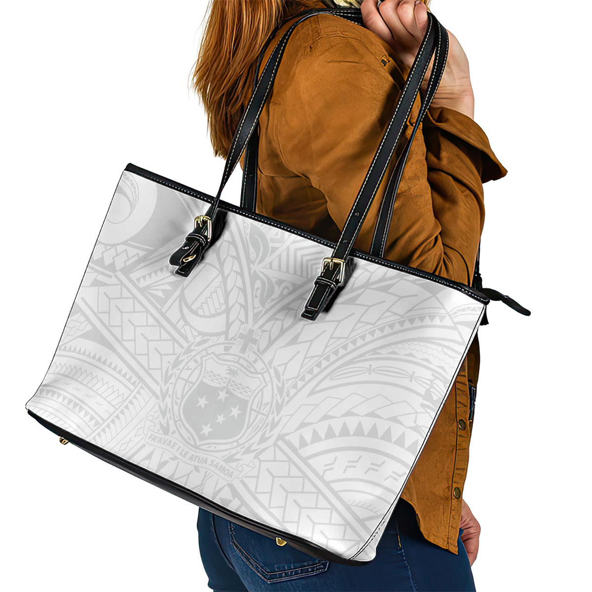 Samoa Lotu Tamaiti Leather Tote Bag Polynesian White Sunday Simple LT9 - Polynesian Pride