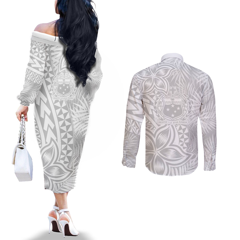 Samoa Lotu Tamait Couples Matching Off The Shoulder Long Sleeve Dress and Long Sleeve Button Shirts Tropical Plant White Sunday With Polynesia Pattern LT9 - Polynesian Pride