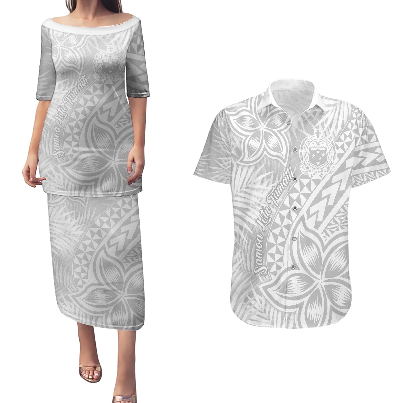 Samoa Lotu Tamait Couples Matching Puletasi Dress and Hawaiian Shirt Tropical Plant White Sunday With Polynesia Pattern LT9 White - Polynesian Pride