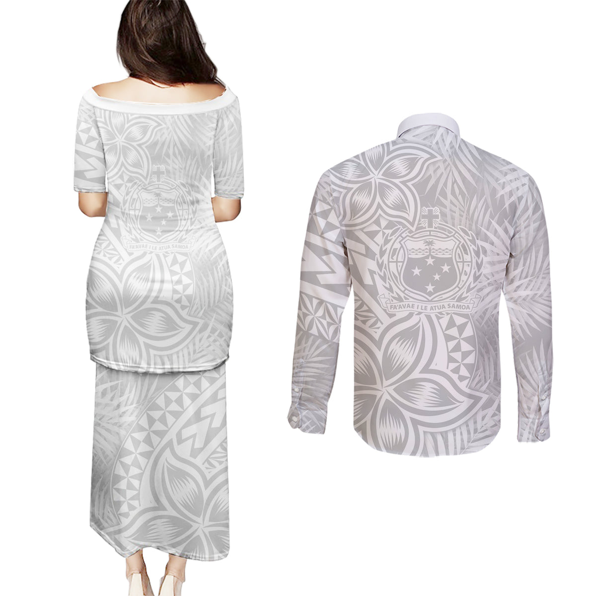 Samoa Lotu Tamait Couples Matching Puletasi Dress and Long Sleeve Button Shirts Tropical Plant White Sunday With Polynesia Pattern LT9 - Polynesian Pride