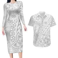 Personalised Samoa Lotu Tamait Couples Matching Long Sleeve Bodycon Dress and Hawaiian Shirt Tropical Plant White Sunday With Polynesia Pattern LT9 White - Polynesian Pride