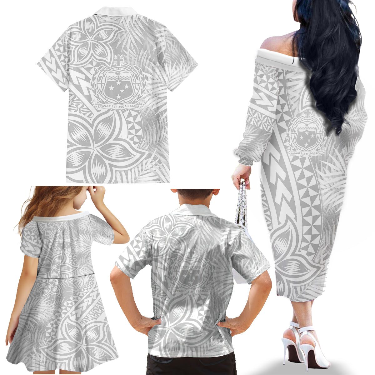 Personalised Samoa Lotu Tamait Family Matching Off Shoulder Long Sleeve Dress and Hawaiian Shirt Tropical Plant White Sunday With Polynesia Pattern LT9 - Polynesian Pride