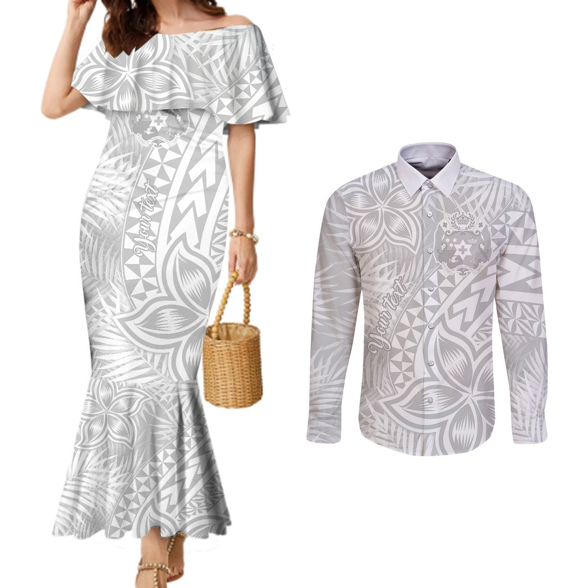 Personalised Tonga White Sunday Couples Matching Mermaid Dress and Long Sleeve Button Shirts Tropical Plant With Polynesian Pattern LT9 White - Polynesian Pride