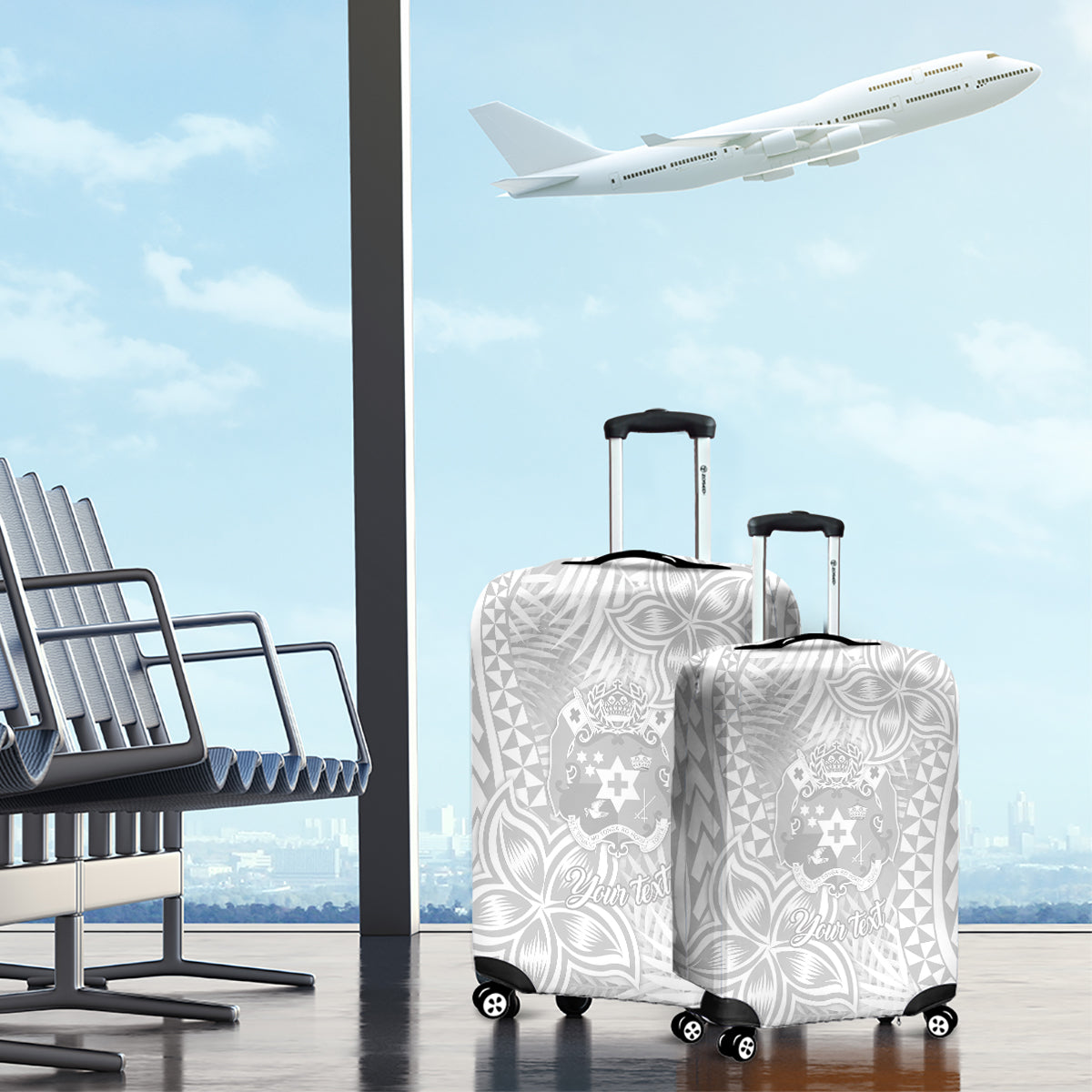 Personalised Tonga White Sunday Luggage Cover Tropical Plant With Polynesian Pattern LT9 - Polynesian Pride