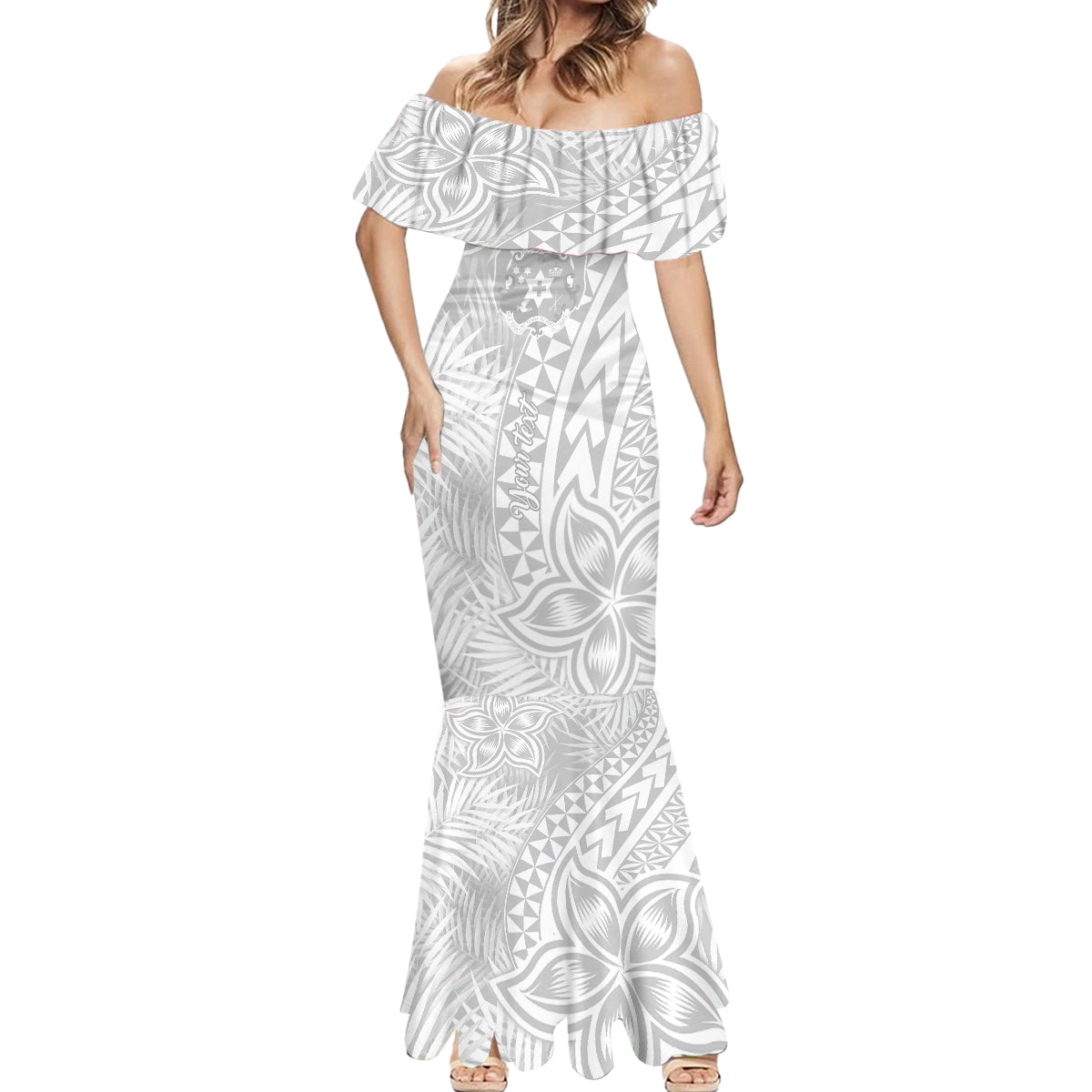 Personalised Tonga White Sunday Mermaid Dress Tropical Plant With Polynesian Pattern LT9 - Polynesian Pride