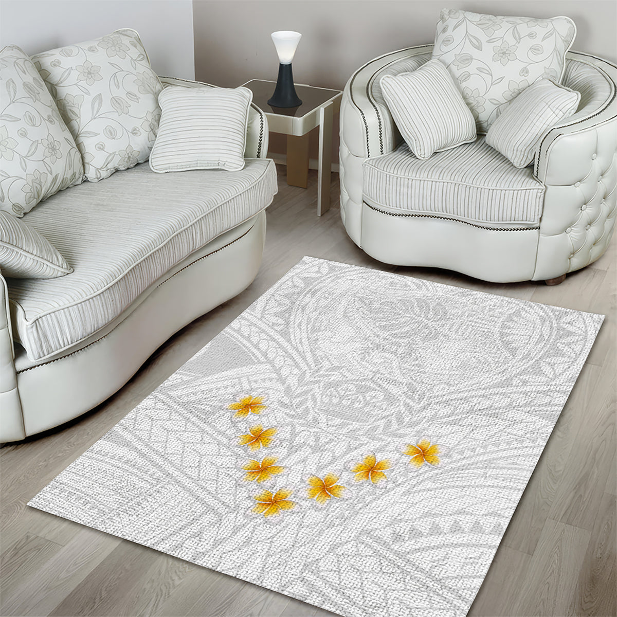 Tonga White Sunday Area Rug Polynesian Plumeria Tribal Simple LT9 - Polynesian Pride