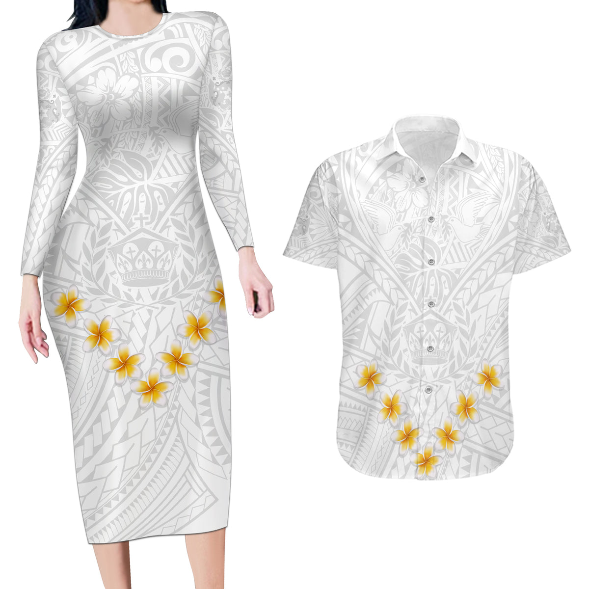 Tonga White Sunday Couples Matching Long Sleeve Bodycon Dress and Hawaiian Shirt Polynesian Plumeria Tribal Simple LT9 White - Polynesian Pride