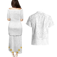 Tonga White Sunday Couples Matching Puletasi Dress and Hawaiian Shirt Polynesian Plumeria Tribal Simple LT9 - Polynesian Pride