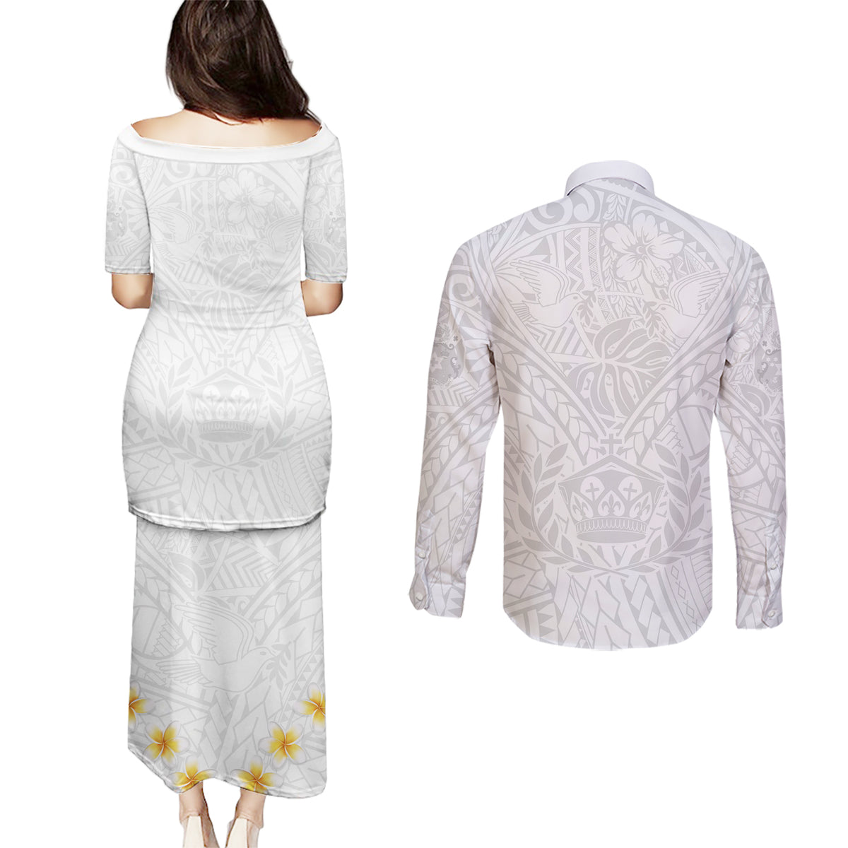 Tonga White Sunday Couples Matching Puletasi Dress and Long Sleeve Button Shirts Polynesian Plumeria Tribal Simple LT9 - Polynesian Pride