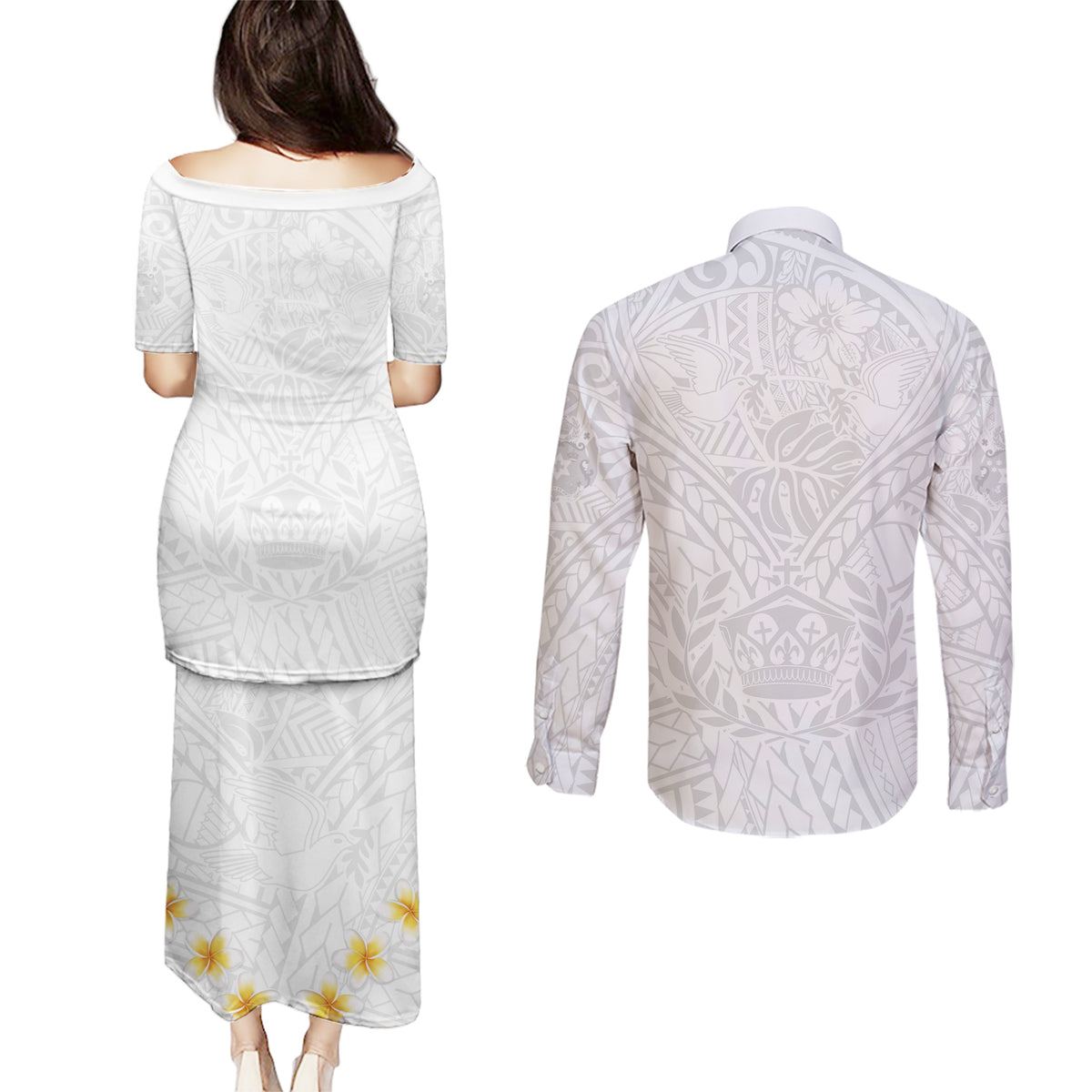 Tonga White Sunday Couples Matching Puletasi Dress and Long Sleeve Button Shirts Polynesian Plumeria Tribal Simple LT9 - Polynesian Pride