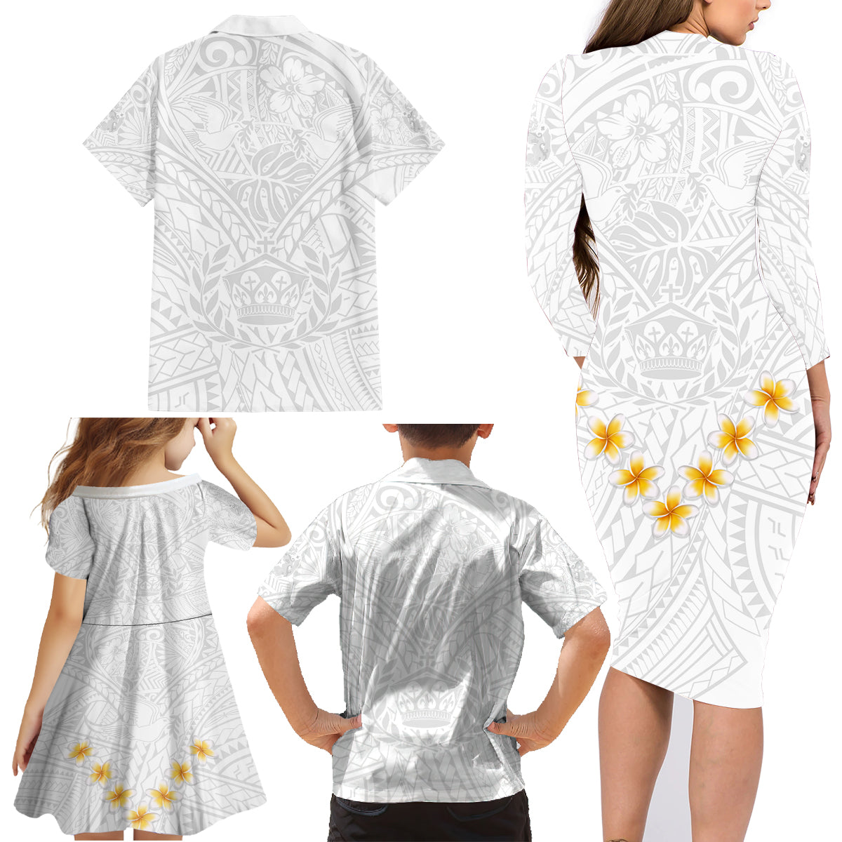 Tonga White Sunday Family Matching Long Sleeve Bodycon Dress and Hawaiian Shirt Polynesian Plumeria Tribal Simple LT9 - Polynesian Pride