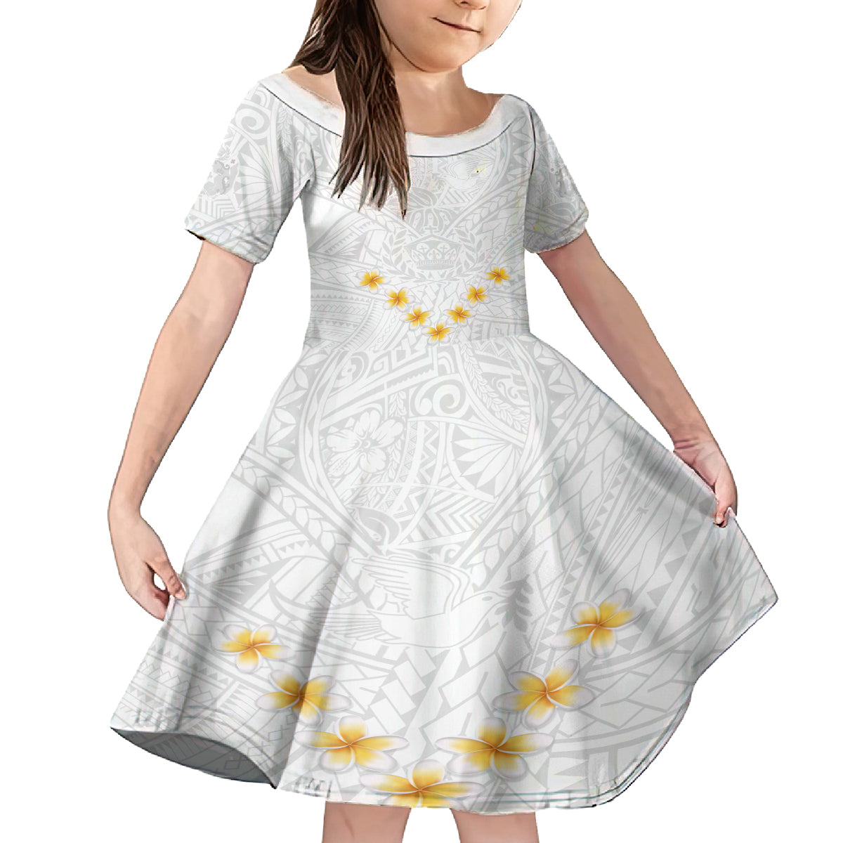 Tonga White Sunday Family Matching Off Shoulder Maxi Dress and Hawaiian Shirt Polynesian Plumeria Tribal Simple LT9 Daughter's Dress White - Polynesian Pride