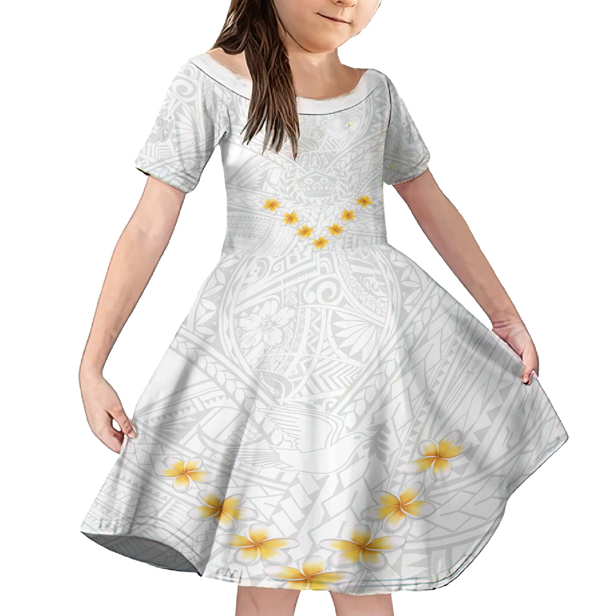 Tonga White Sunday Family Matching Summer Maxi Dress and Hawaiian Shirt Polynesian Plumeria Tribal Simple LT9 Daughter's Dress White - Polynesian Pride