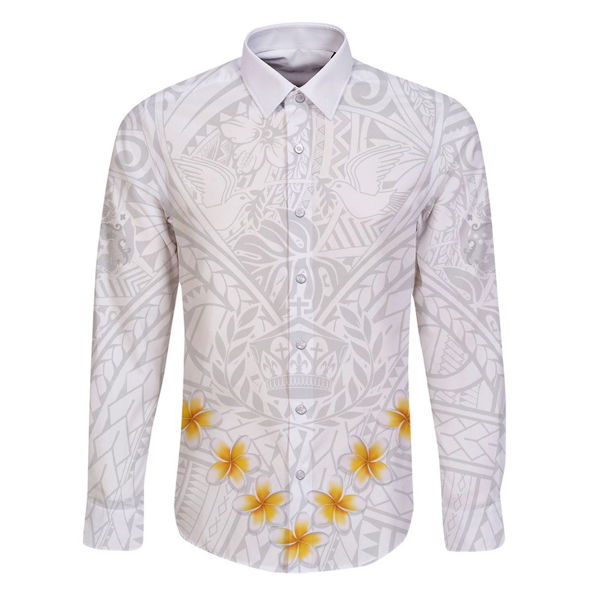 Tonga White Sunday Family Matching Summer Maxi Dress and Hawaiian Shirt Polynesian Plumeria Tribal Simple LT9 Dad's Shirt - Long Sleeve White - Polynesian Pride