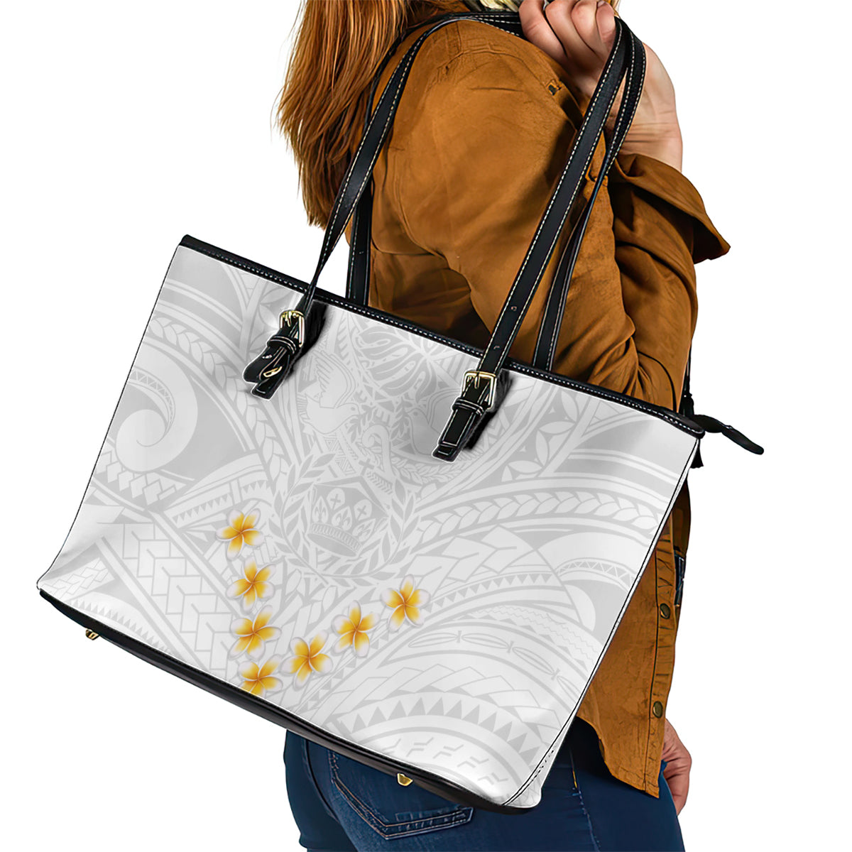 Tonga White Sunday Leather Tote Bag Polynesian Plumeria Tribal Simple LT9 - Polynesian Pride