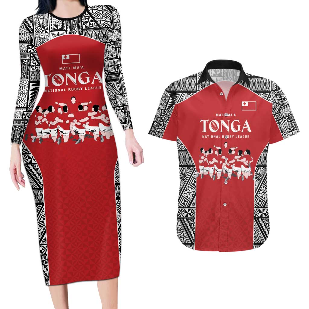 Custom Tonga Rugby Mate Ma'a Couples Matching Long Sleeve Bodycon Dress and Hawaiian Shirt Tonga XIII Make History Pacific Champions LT9 Red - Polynesian Pride