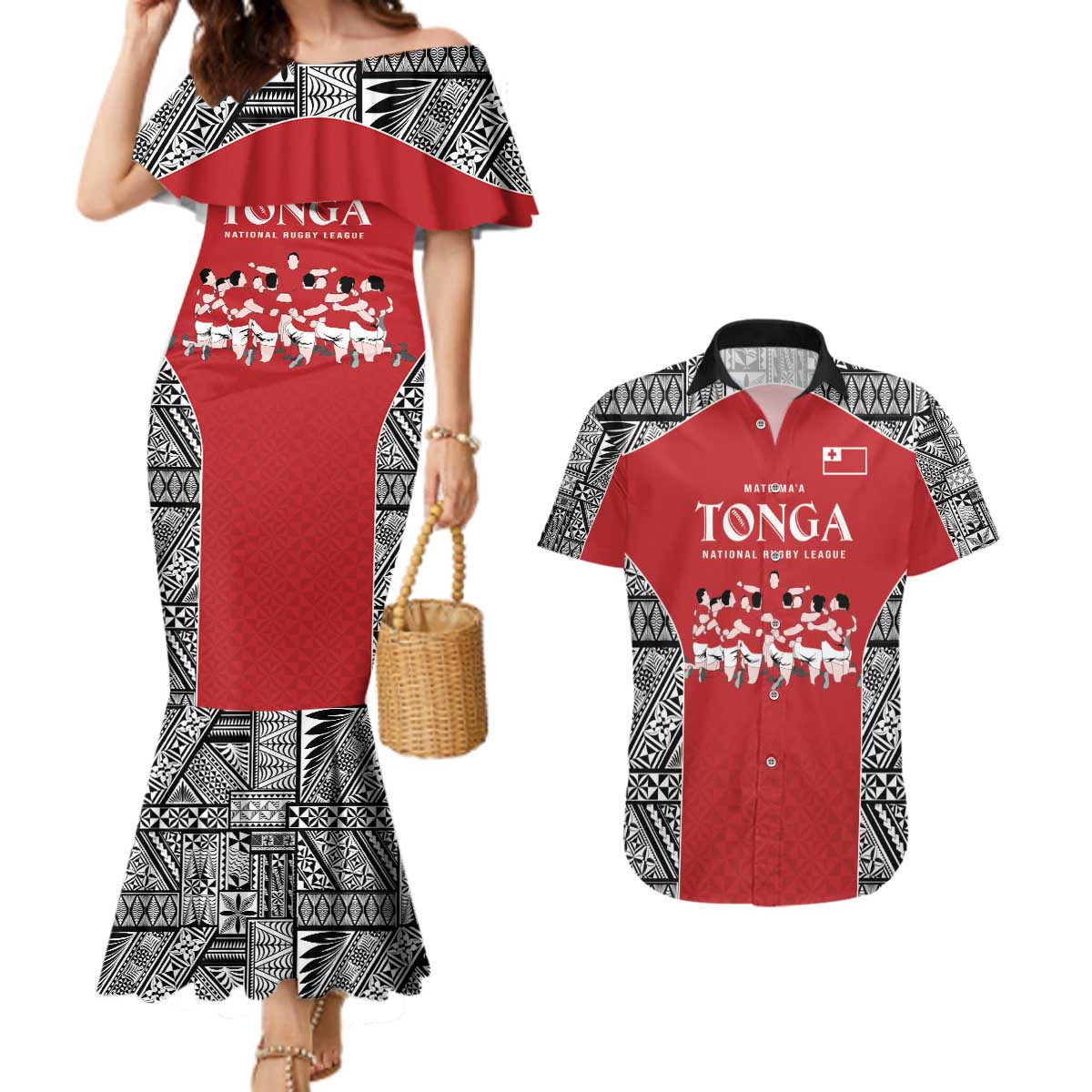 Custom Tonga Rugby Mate Ma'a Couples Matching Mermaid Dress and Hawaiian Shirt Tonga XIII Make History Pacific Champions LT9 Red - Polynesian Pride