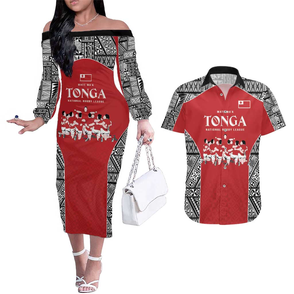 Custom Tonga Rugby Mate Ma'a Couples Matching Off The Shoulder Long Sleeve Dress and Hawaiian Shirt Tonga XIII Make History Pacific Champions LT9 Red - Polynesian Pride