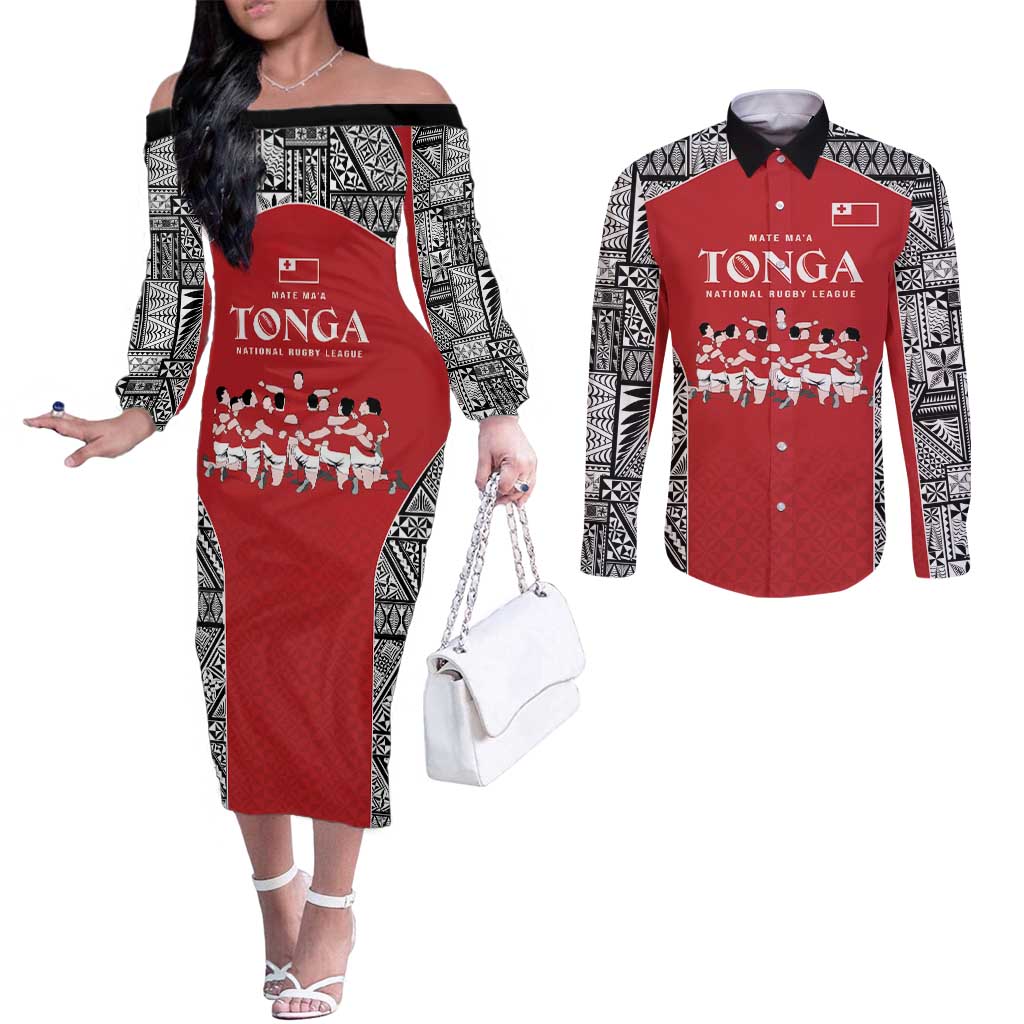 Custom Tonga Rugby Mate Ma'a Couples Matching Off The Shoulder Long Sleeve Dress and Long Sleeve Button Shirt Tonga XIII Make History Pacific Champions LT9 Red - Polynesian Pride