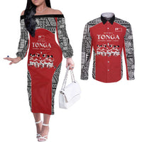 Custom Tonga Rugby Mate Ma'a Couples Matching Off The Shoulder Long Sleeve Dress and Long Sleeve Button Shirt Tonga XIII Make History Pacific Champions LT9 Red - Polynesian Pride