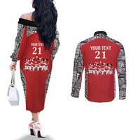 Custom Tonga Rugby Mate Ma'a Couples Matching Off The Shoulder Long Sleeve Dress and Long Sleeve Button Shirt Tonga XIII Make History Pacific Champions LT9 - Polynesian Pride